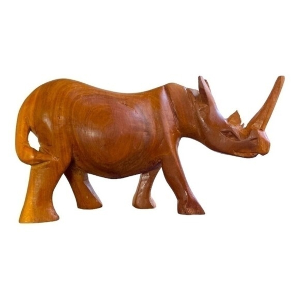 Hand Carved Wood Rhino Statue 8.5" Wooden Rhinoceros Figurine African Art Decor